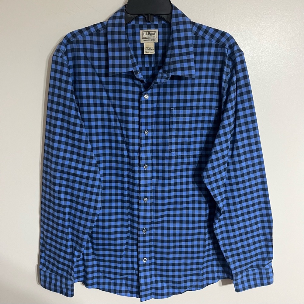 Men's L.L. Bean Gingham Plaid‎ Cotton Slightly Fitted Shirt Size Large Blue